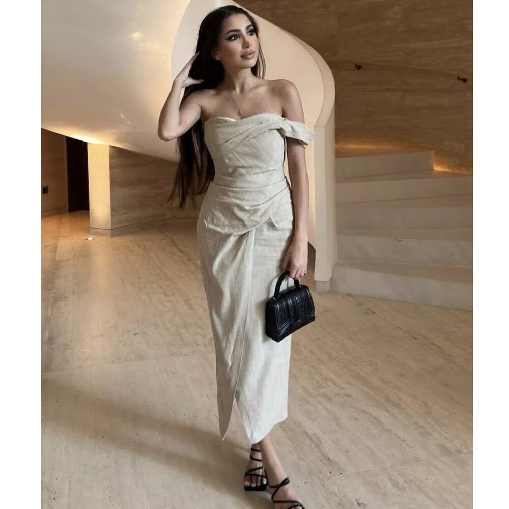 Zara Structured Midi Dress Taupe Brown NWT